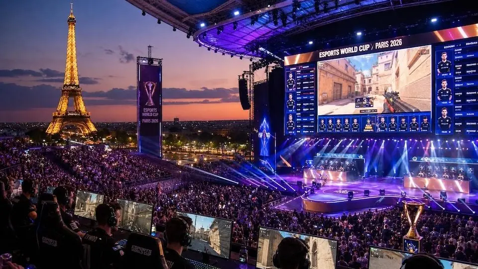 Camera operator filming players on stage at a live esports event